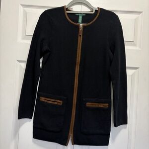 Ralph Lauren dark blue faux suede Brown Trim cardigan sweater Full zip pockets S